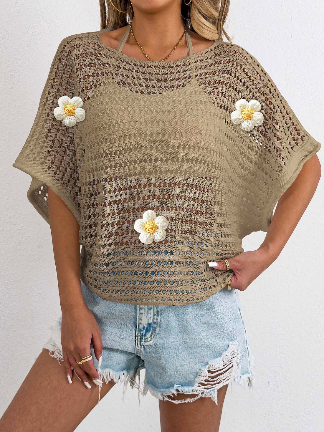 Damen lässiger Häkel-Oberteil mit dekorativen Blumen – Orélia
