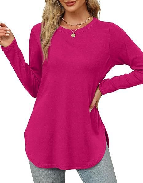 Damen Lässiges Longsleeve-Tunikaoberteil mit Rundhalsausschnitt, Seitenschlitzen und Aquarell-Blattprint Echo Archiv
