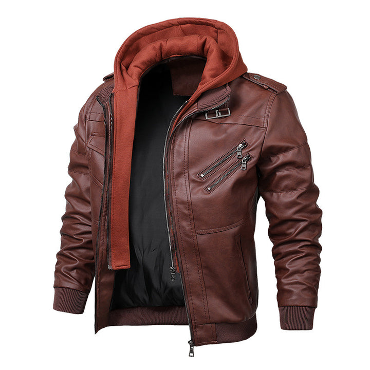 Herren Lederimitat-Fieldblouson mit innenliegendem Hoodie, Reißverschluss-Brusttaschen und Rippbündchen – Taviero
