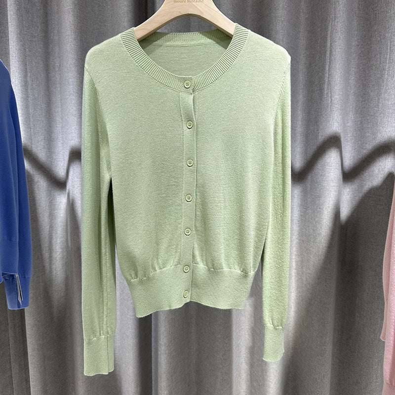 Damen Feiner Rundhals-Feinstrick-Cardigan mit schmaler Silhouette & verlängerten Bündchen Echo Archiv