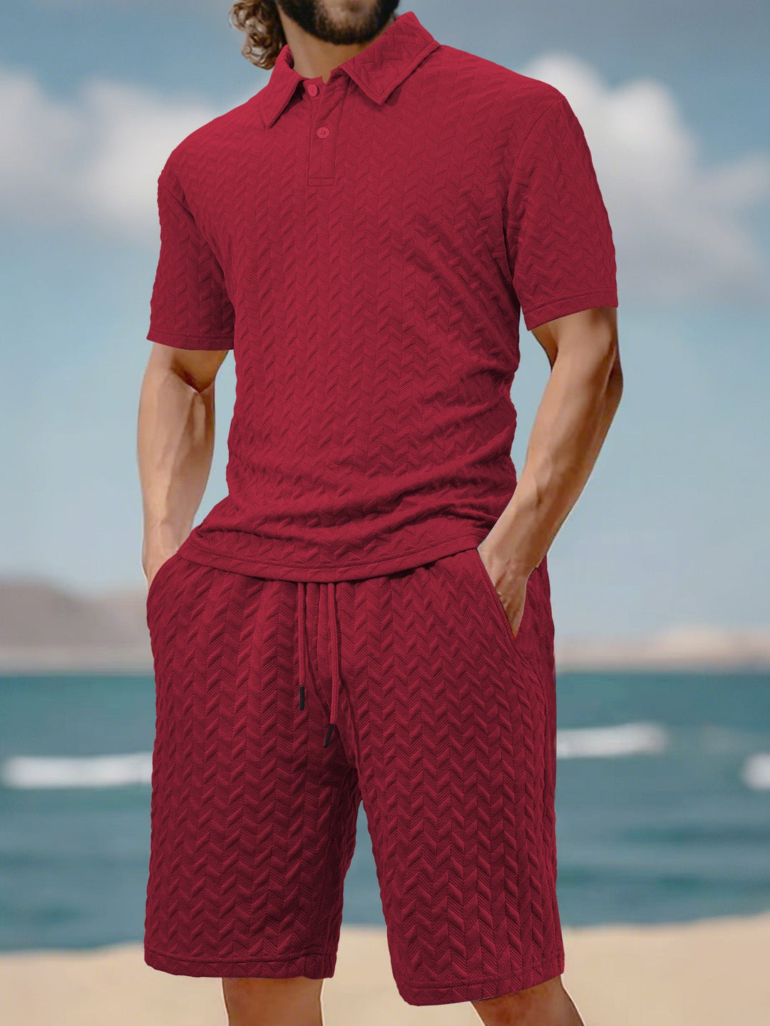 Herren nan geprägtes Strand-Ensemble mit offenem Kurzarm-Hemd und Kordel-Bermuda Echoarchiv