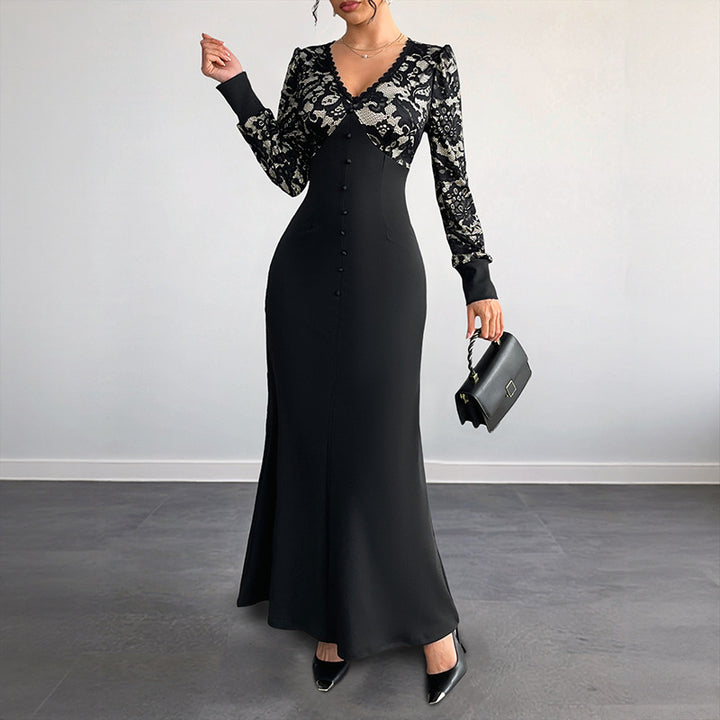 Damen Figurbetontes Maxikleid mit Spitzenoberteil, V‑Ausschnitt und Zierknopfleiste Echoarchiv