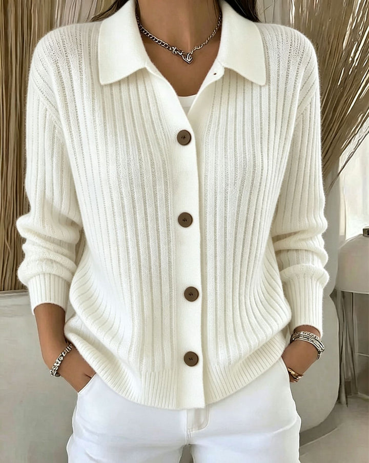 Damen Feiner gerippter Knopf‑Cardigan mit Hemdkragen und kastiger Silhouette – Veloura