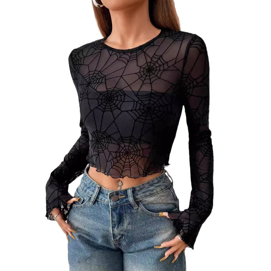 Damen nan transparentes Netztop mit samtigem Spinnennetzprint und bauchfreiem Schnitt Echo Archiv
