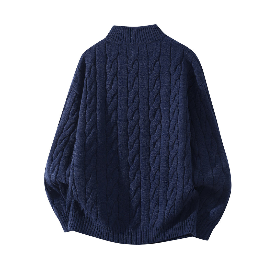 Damen Oversize Zopfmuster-Halbreißverschluss-Pullover mit Ballonärmeln und Stehkragen Echoarchiv