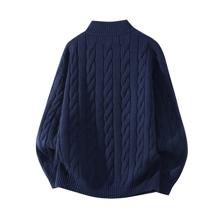 Damen Oversize Zopfmuster-Halbreißverschluss-Pullover mit Ballonärmeln und Stehkragen Echoarchiv