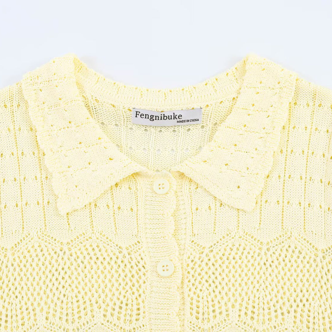 Damen Kurzarm Strickjacke mit feinem Lochmuster und klassischem Kragen Echo Archiv