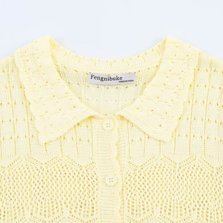 Damen Kurzarm Strickjacke mit feinem Lochmuster und klassischem Kragen Echo Archiv