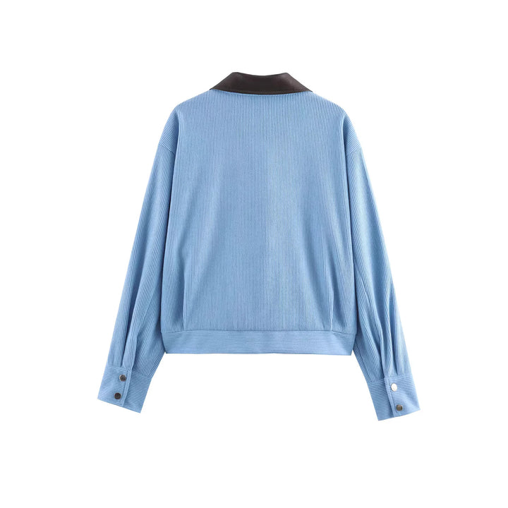 Damen Kordjacke mit Lederkragen, durchgehendem Reißverschluss und aufgesetzten Klappentaschen – Célinea
