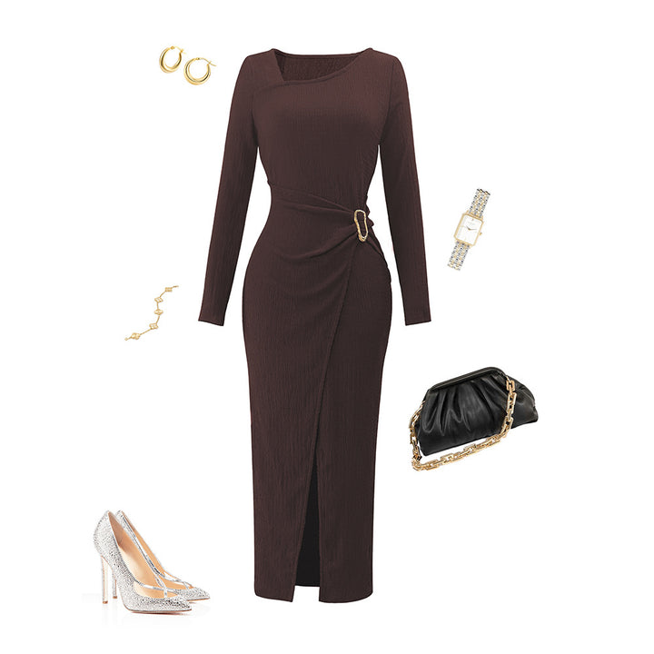 Damen asymmetrisches Wickel-Midikleid mit Ziergürtel, Drapierung und hohem Beinschlitz – Élara