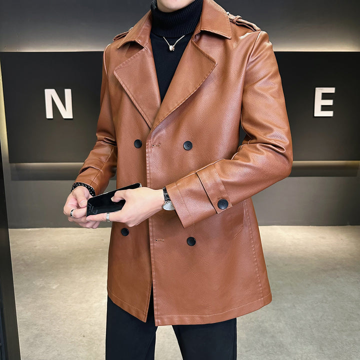 Herren Doppelreihiger Kunstleder-Trenchcoat mit markantem Revers Echo Archiv
