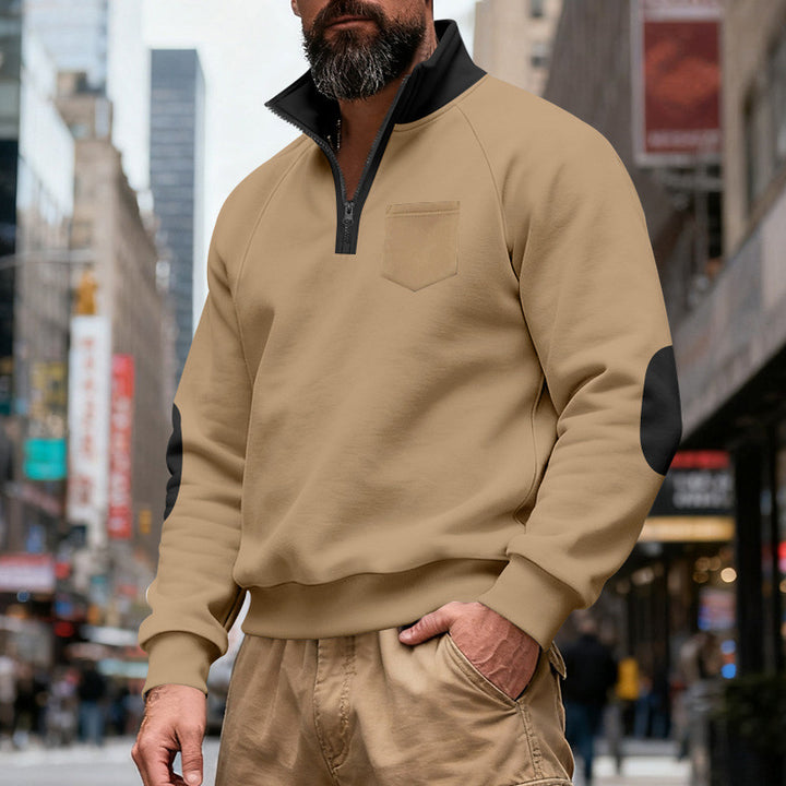 Herren nan Quarterzip-Sweatshirt mit Stehkragen, kontrastiertem Reißverschluss, Ellbogenpatches und Brusttasche Echo Archiv