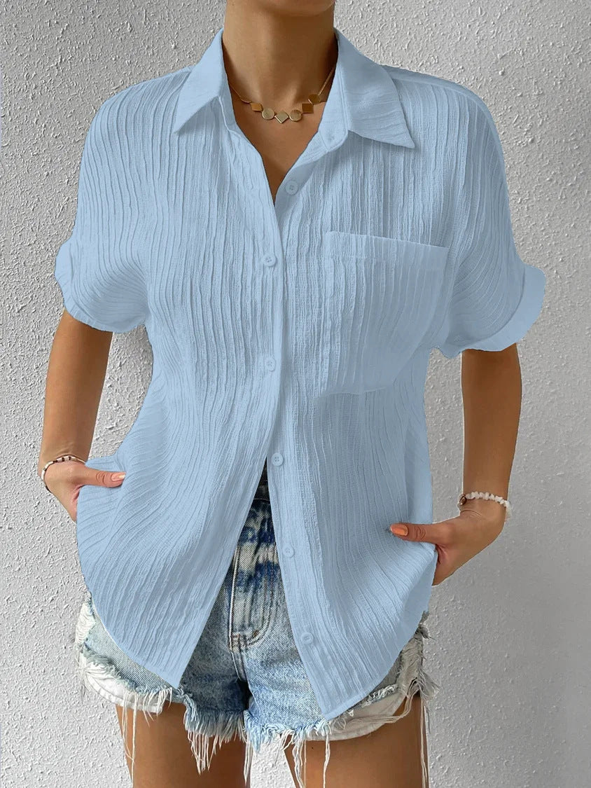 Damen lässige kurzärmlige Bluse mit Struktur und Brusttasche Echo Archiv