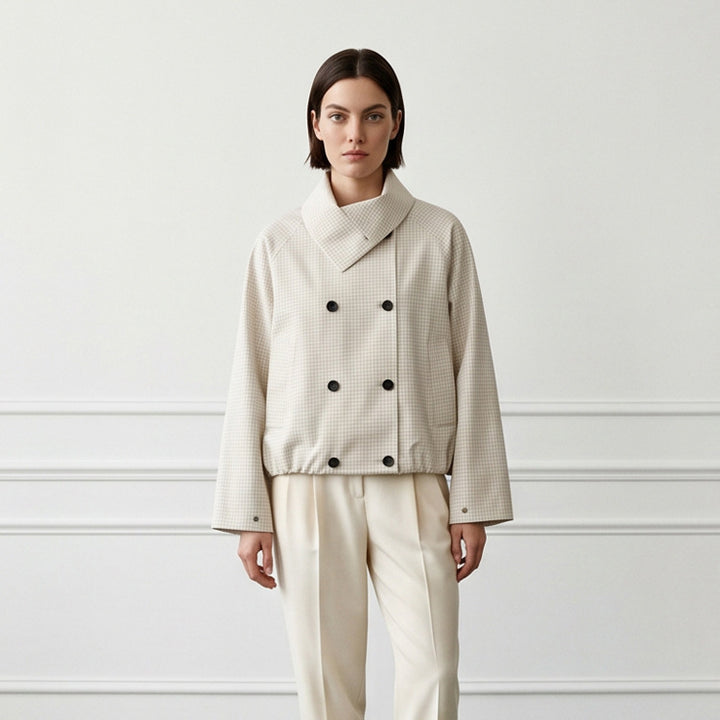 Damen Kurze Doppelreiher-Blousonjacke mit Wickelkragen und Raglanärmeln Echoarchiv
