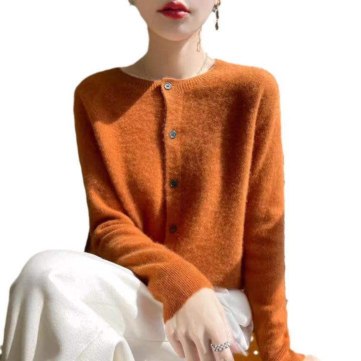 Damen Kurzgeschnittener Feinstrick-Cardigan mit Rundhalsausschnitt und schimmernder Knopfleiste Echoarchiv