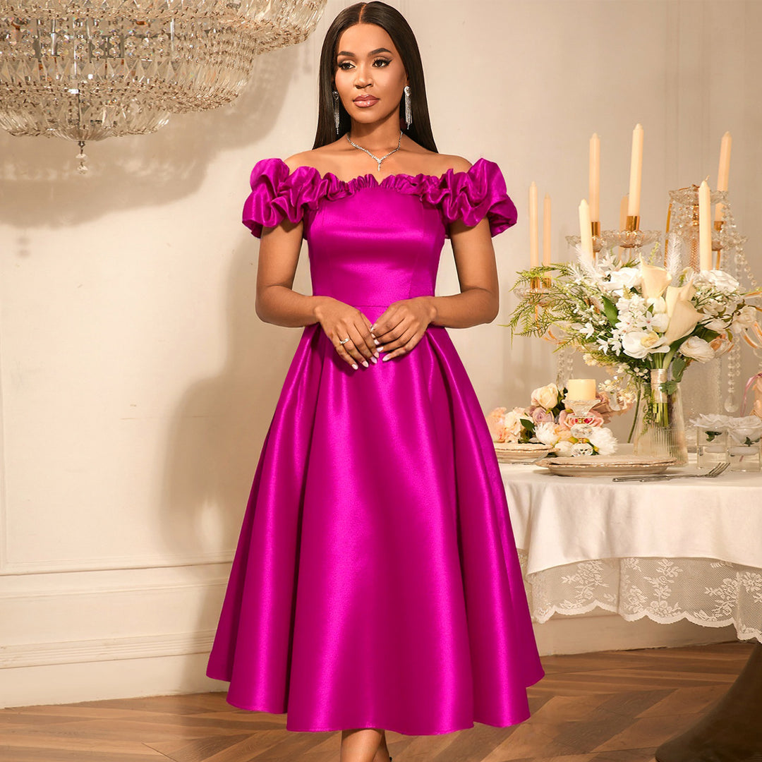 Damen Midi-Party Kleid mit schulterfreiem Design und voluminösen Rüschen Echo Archiv