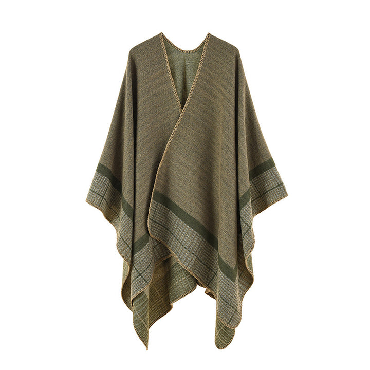 Damen Wollmix-Poncho im asymmetrischen Zipfelschnitt mit eingewebter Karobordüre – Avérine