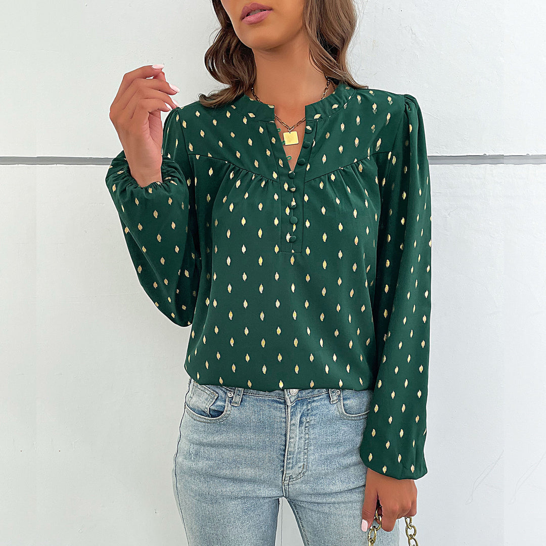 Damen Leichte Viskosebluse mit zartem Ikat‑Print, Stehkragen und dekorativer Knopfleiste Echoarchiv
