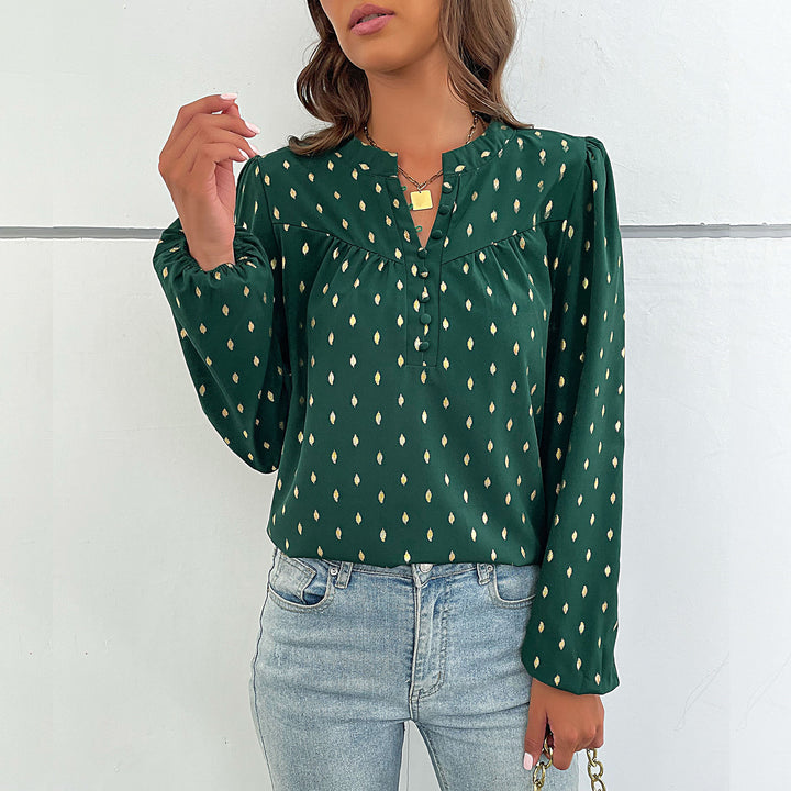 Damen Leichte Viskosebluse mit zartem Ikat‑Print, Stehkragen und dekorativer Knopfleiste Echoarchiv