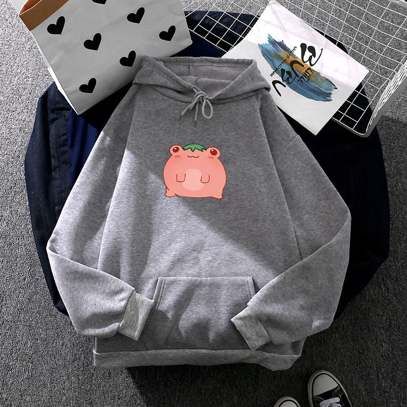 Damen oversized Kapuzenpullover aus Microfleece mit Cartoonfrosch-Motiv und Kängurutasche – Auréline