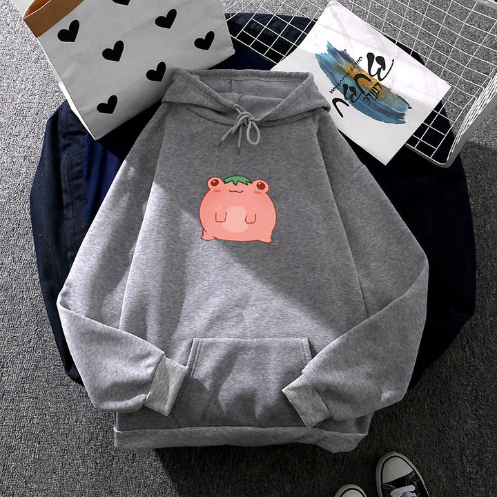 Damen oversized Kapuzenpullover aus Microfleece mit Cartoonfrosch-Motiv und Kängurutasche – Auréline