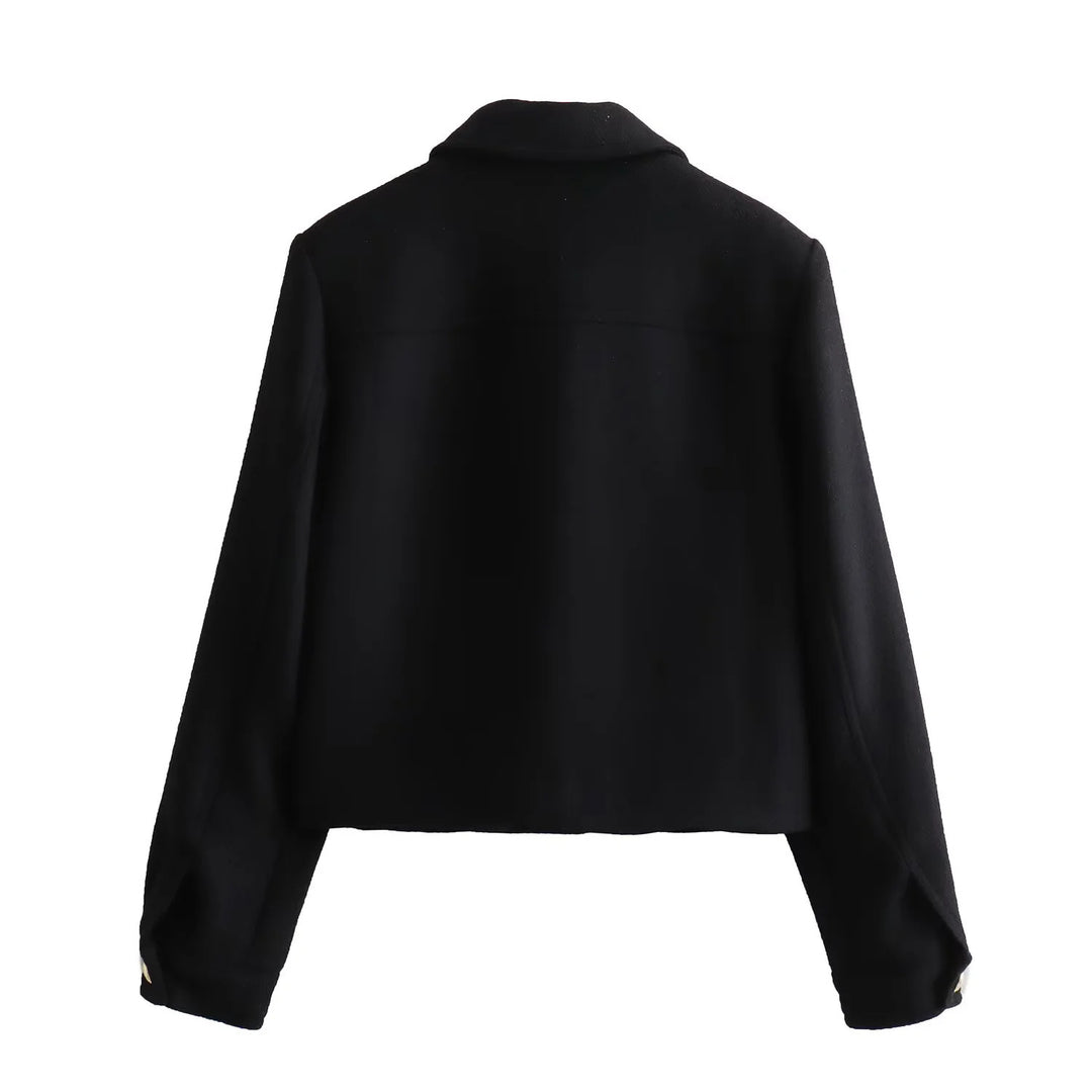 Damen kurze Wolloptik-Boxyjacke mit aufgesetzten Pattentaschen und klassischem Kragen – Célinea
