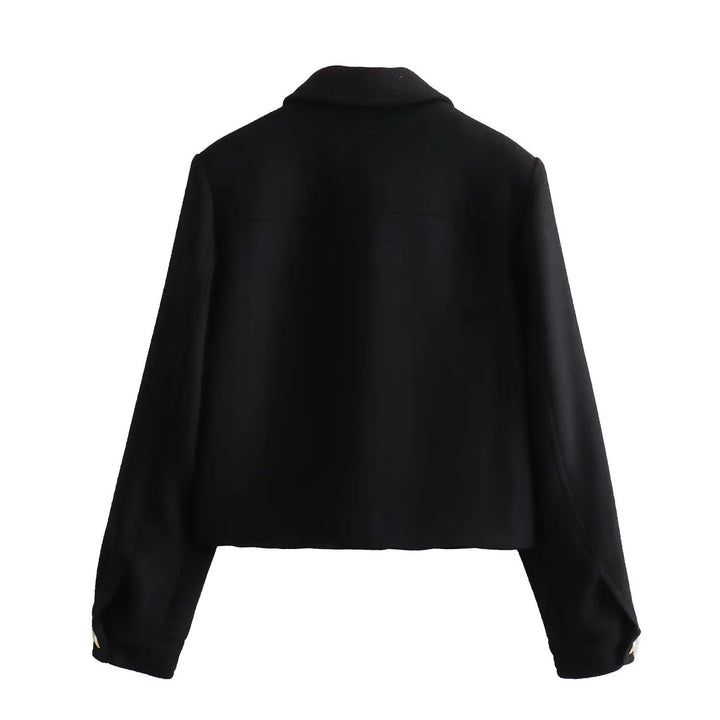 Damen kurze Wolloptik-Boxyjacke mit aufgesetzten Pattentaschen und klassischem Kragen – Célinea