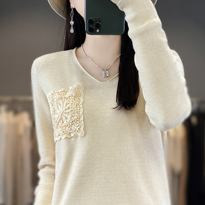 Damen Kaschmir‑Optik V‑Ausschnittpullover mit floraler Häkelapplikation Echoarchiv