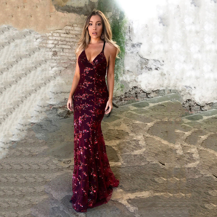 Damen Glamouröses langes Abendkleid mit Pailletten und tiefem V-Ausschnitt Echoarchiv