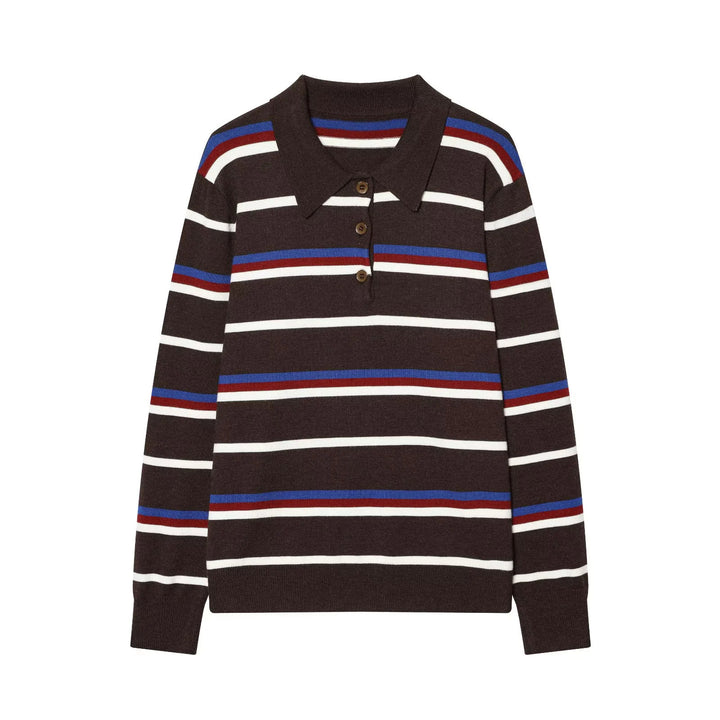 Damen gestreifter Poloshirt-Pullover mit Troyerkragen und dezenter Knopfleiste – Mavelle