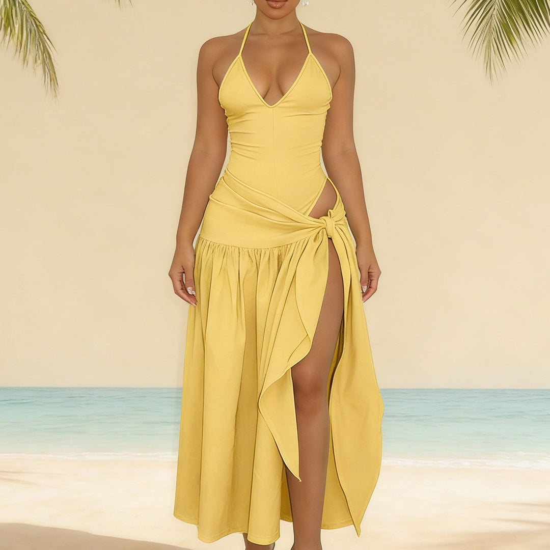 Damen Maxikleid mit knackigem V-Ausschnitt und verspielten Drapierungen Echo Archiv