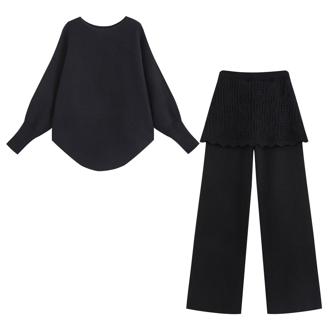 Damen Zweiteiliges Strick-Set mit Oversize-Pullover, Lochmuster-Miniüberrock und weiter Palazzohose Echoarchiv