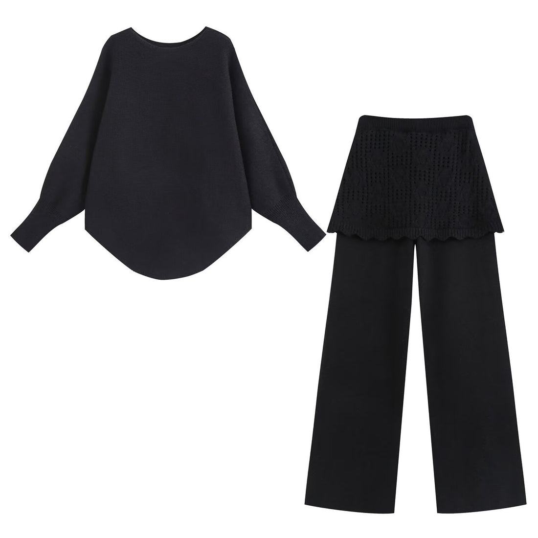 Damen Zweiteiliges Strick-Set mit Oversize-Pullover, Lochmuster-Miniüberrock und weiter Palazzohose Echoarchiv