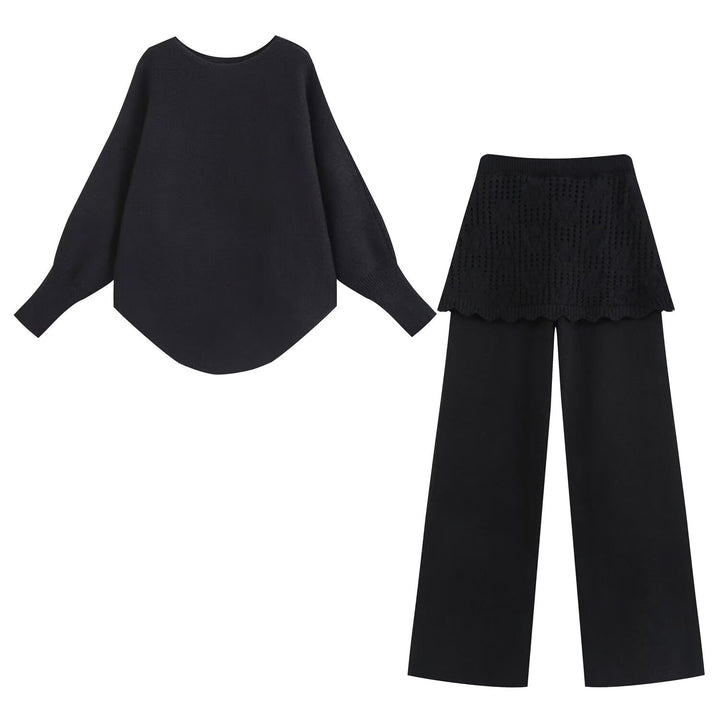 Damen Zweiteiliges Strick-Set mit Oversize-Pullover, Lochmuster-Miniüberrock und weiter Palazzohose Echoarchiv