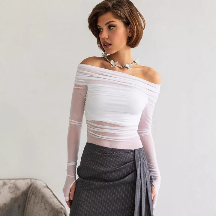 Damen Offshoulder Langarm-Top aus transparentem Netzmaterial Echo Archiv