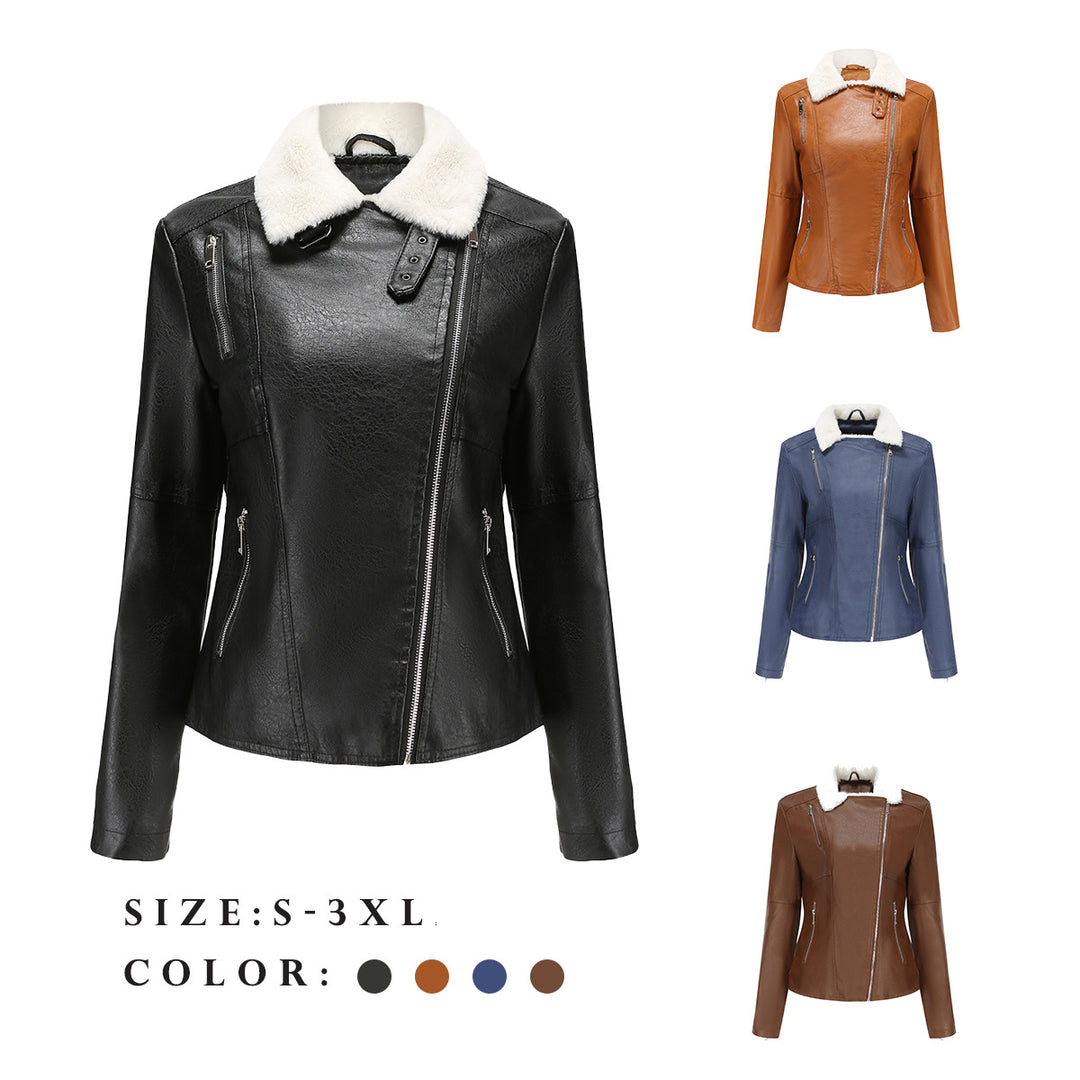 Damen nan taillierte Kunstleder-Bikerjacke mit abnehmbarem Kunstfellkragen und schrägem Reißverschluss Echo Archiv
