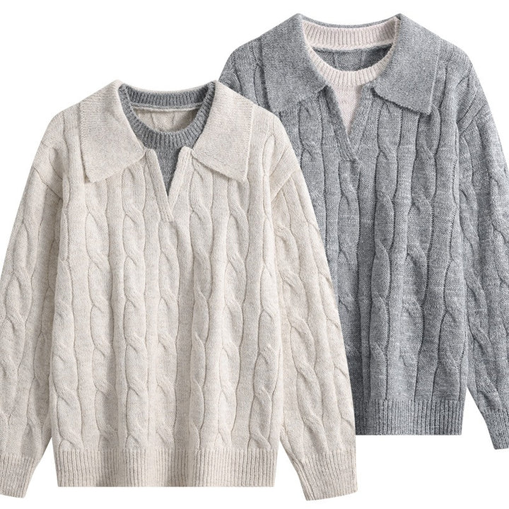 Damen Oversize Grobstrick-Pullover mit Polokragen und Zopfmuster Echoarchiv