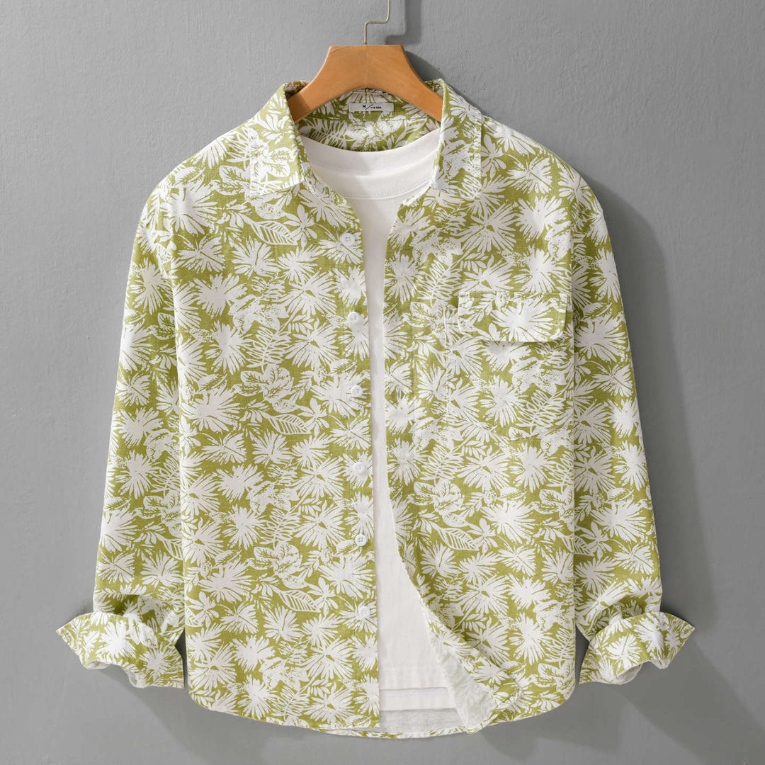 Damen Leichtes Blumenprint-Overshirt aus Leinen-Baumwollmix mit Kentkragen und Brusttasche Echoarchiv