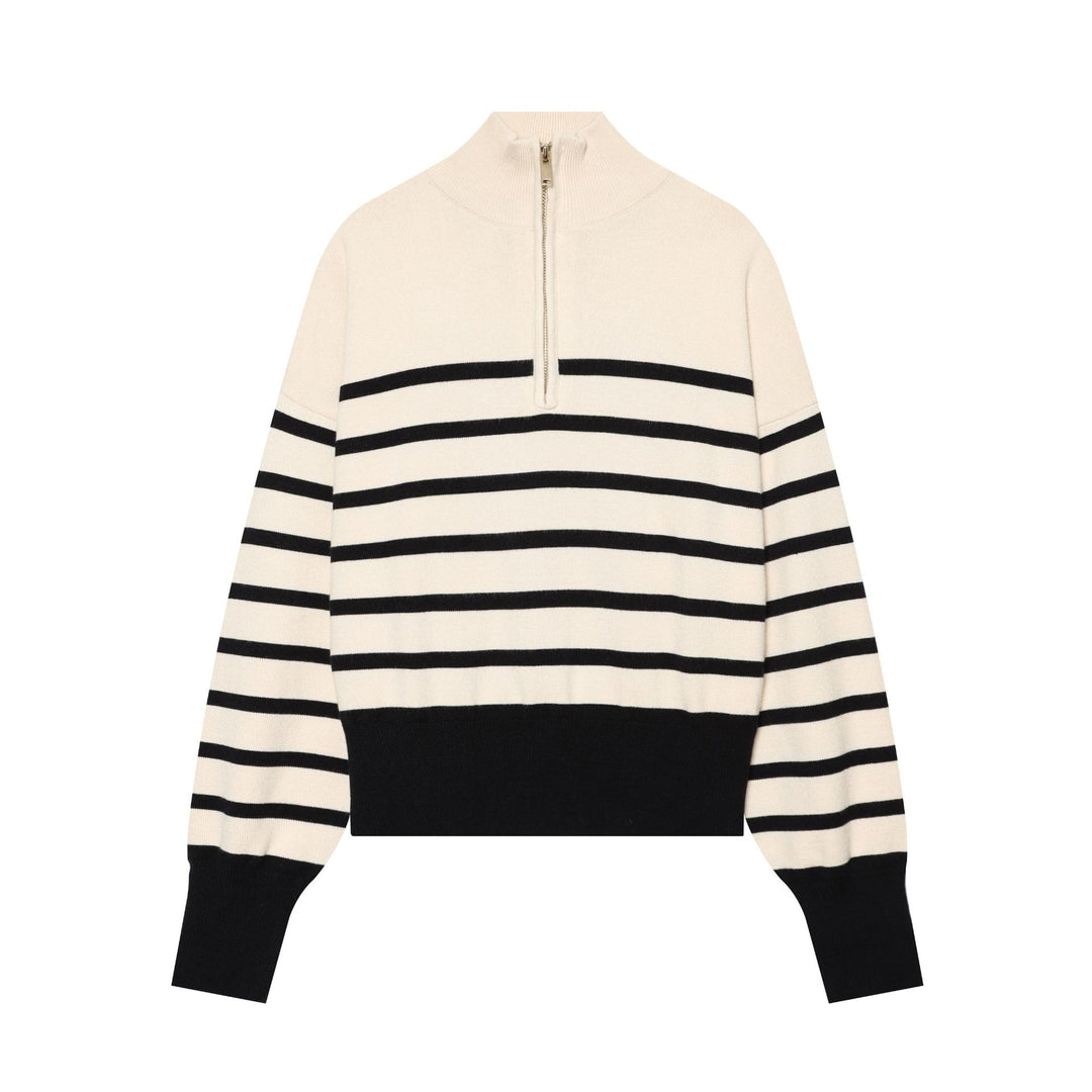 Damen Gestreifter Cropped Strickpullover mit halbem Reißverschluss und Stehkragen Echo Archiv