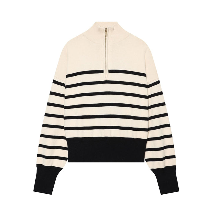 Damen Gestreifter Cropped Strickpullover mit halbem Reißverschluss und Stehkragen Echo Archiv