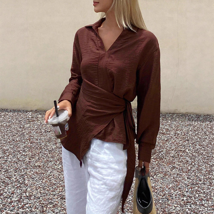 Damen Asymmetrische V‑Ausschnitt Bluse mit Hemdkragen und Ballonärmeln – Avérine