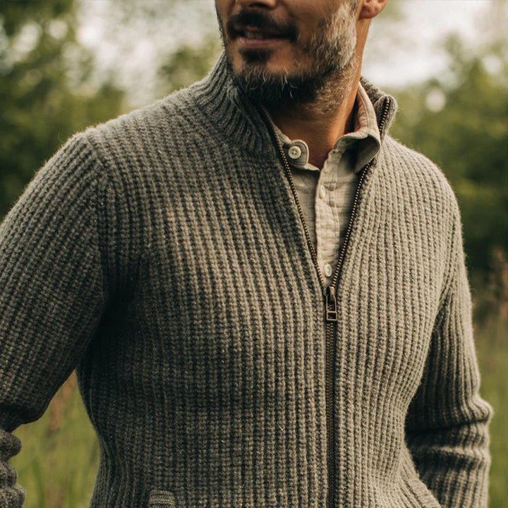 Herren Grob gestrickte Zip-Jacke mit seitlichen Eingrifftaschen und Stehkragen Echoarchiv