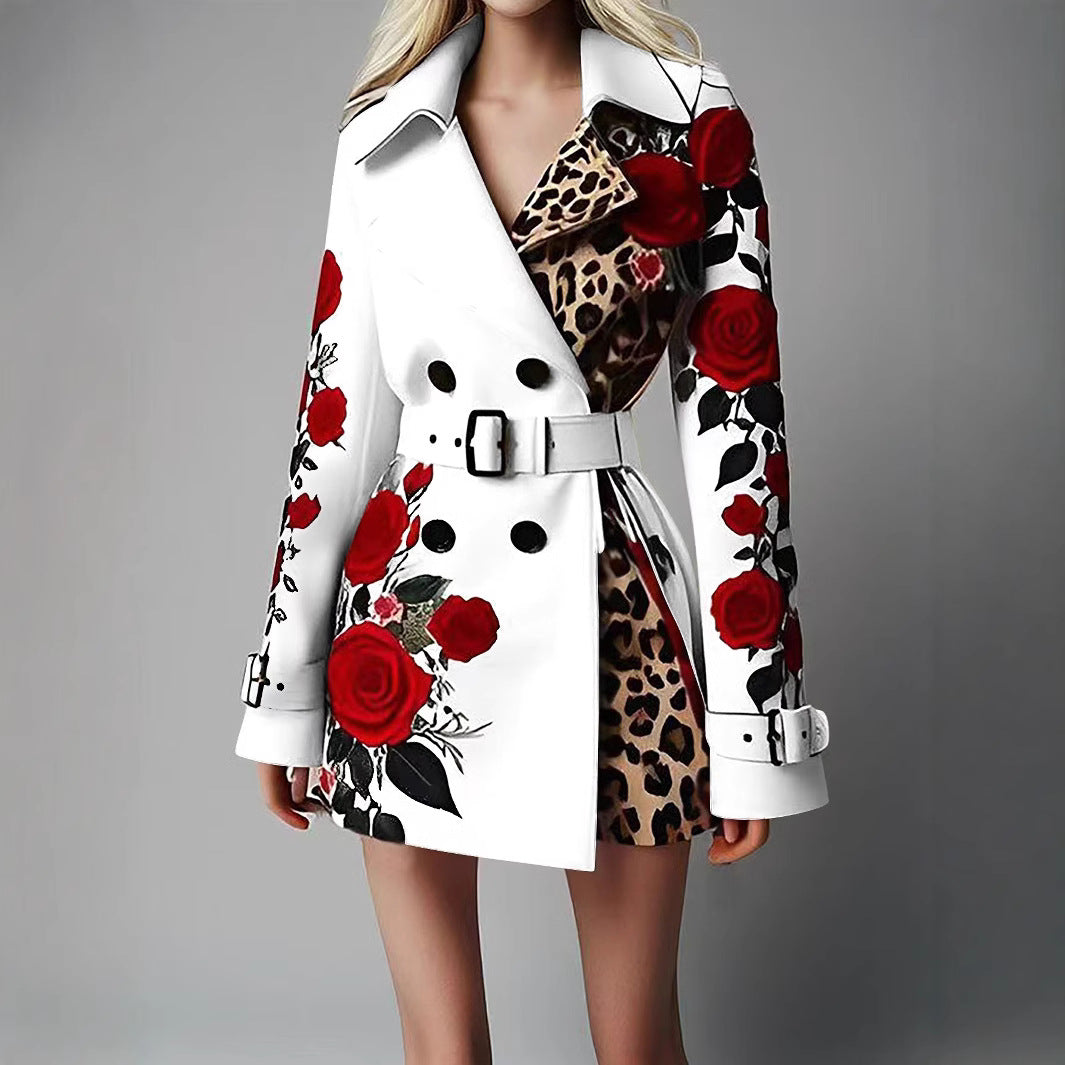 Damen Taillierter Trenchcoat mit Rosenprint und Leoparden-Innenfutter – Montévia