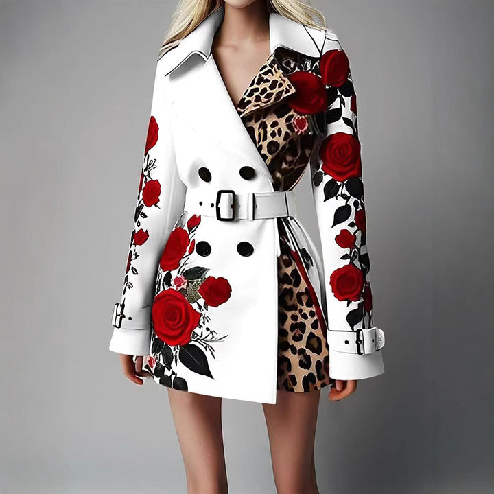 Damen Taillierter Trenchcoat mit Rosenprint und Leoparden-Innenfutter – Montévia