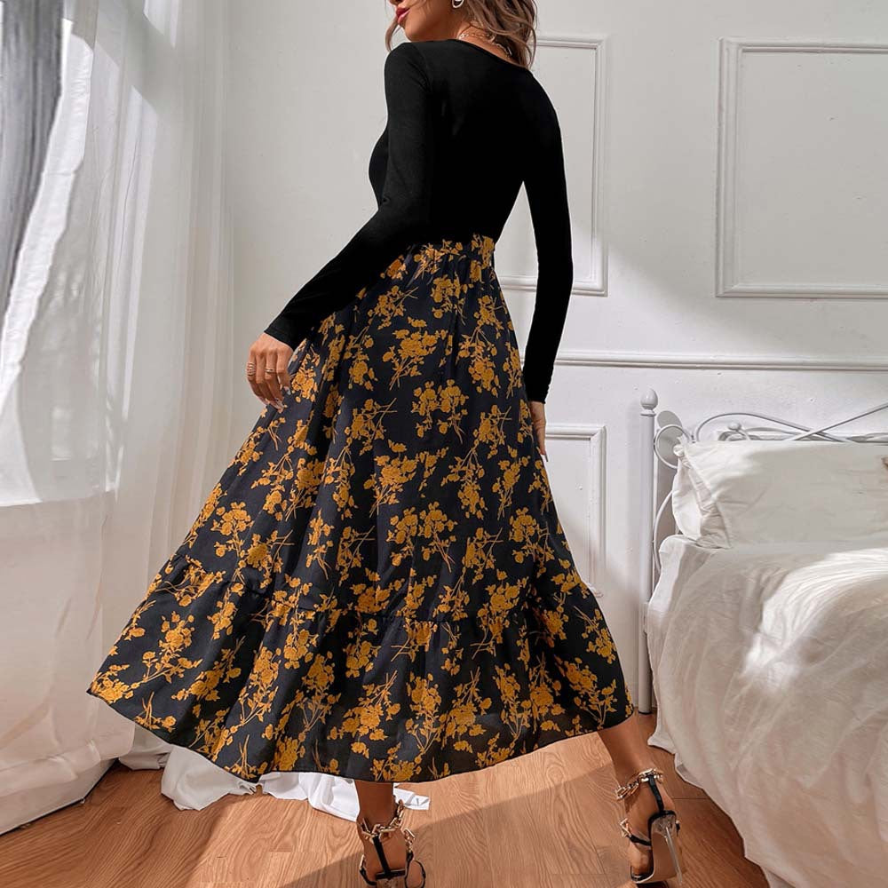 Damen figurbetontes V-Neck-Longsleeve Oberteil mit voluminösem Midi-Rock im floralem Wickelstil – Élara