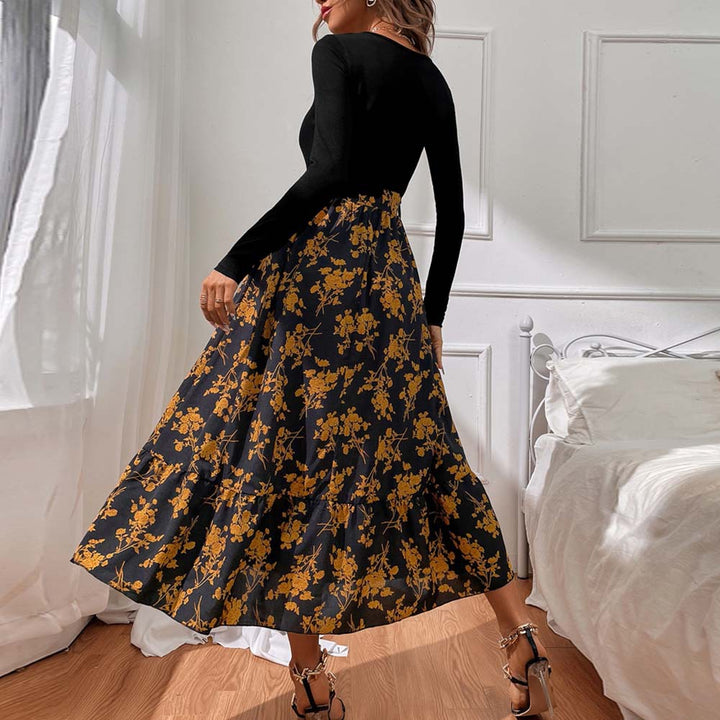 Damen figurbetontes V-Neck-Longsleeve Oberteil mit voluminösem Midi-Rock im floralem Wickelstil – Élara