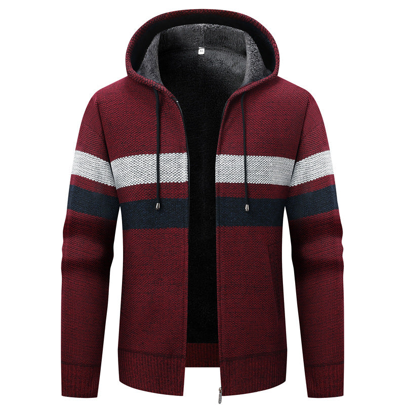 Herren Kapuzen-Strickjacke mit Teddyfutter, Reißverschluss und Kontraststreifen Echo Archiv
