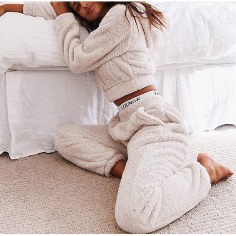 Damen Kuschelige Teddy-Fleece-Loungewear mit Cropped-Hoodie und High-Waist-Jogginghose Echo Archiv