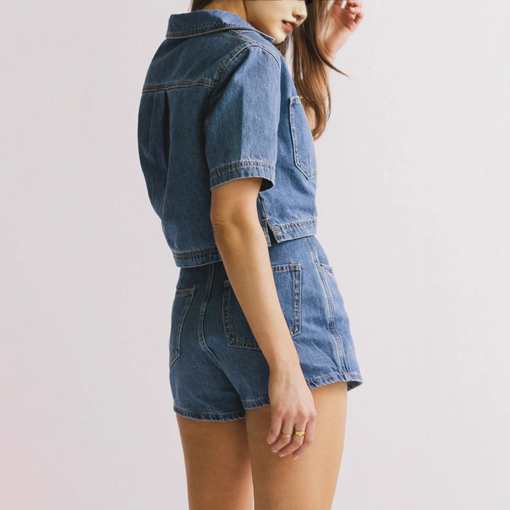 Damen lässiges Denim-Kurzjacken-Set mit passendem Rock Echo Archiv