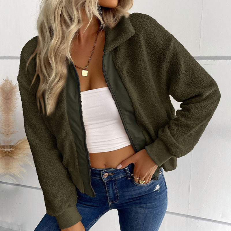 Damen Teddy-Fleece Bomberjacke mit Stehkragen, durchgehendem Reißverschluss und Rippbündchen Echoarchiv